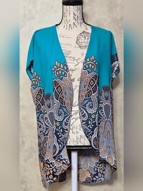 Papermoon Blue Teal Floral Lightweight Short Sleeve Kimono Cardigan XL